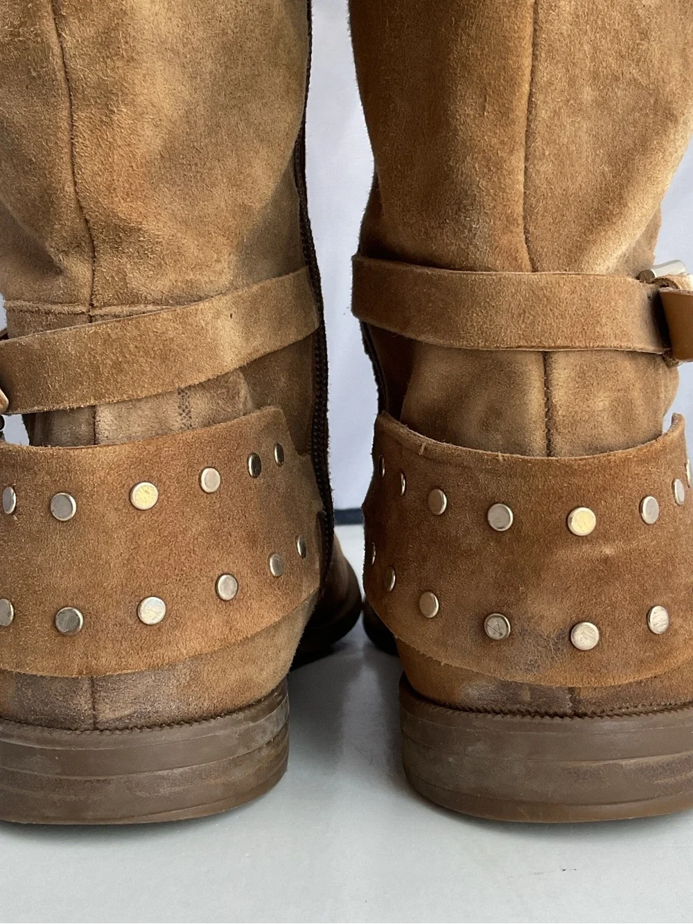 Nine West Luciana Tan Suede Studded Ankle Straps Riding Boots Women’s Size 6.5M
